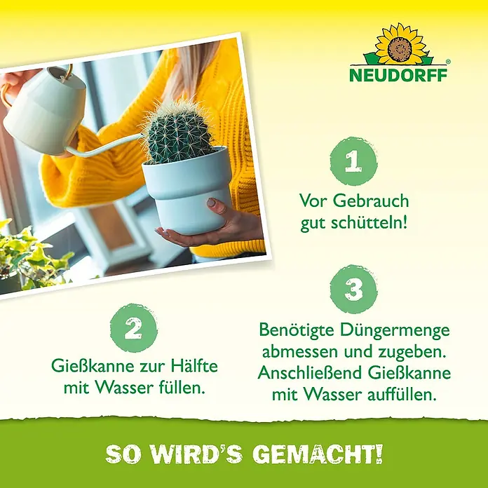 Neudorff Azet Kakteendünger - 250 ml - Anweisungen zur Anwendung des NEUDORFF Düngers: Schütteln, mit Wasser mischen und Pflanzen gießen.