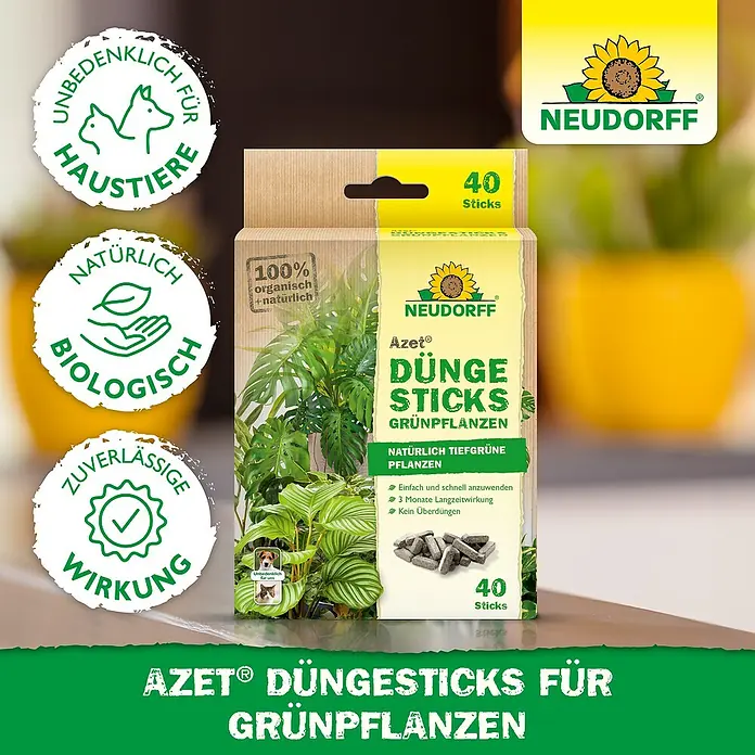 Neudorff Azet Grünpflanzen-Düngestäbchen - 40 Stk. - Das Bild zeigt Neudorff Azet Düngestäbchen für Grünpflanzen, eine organische und zuverlässige Lösung für üppiges Pflanzenwachstum.