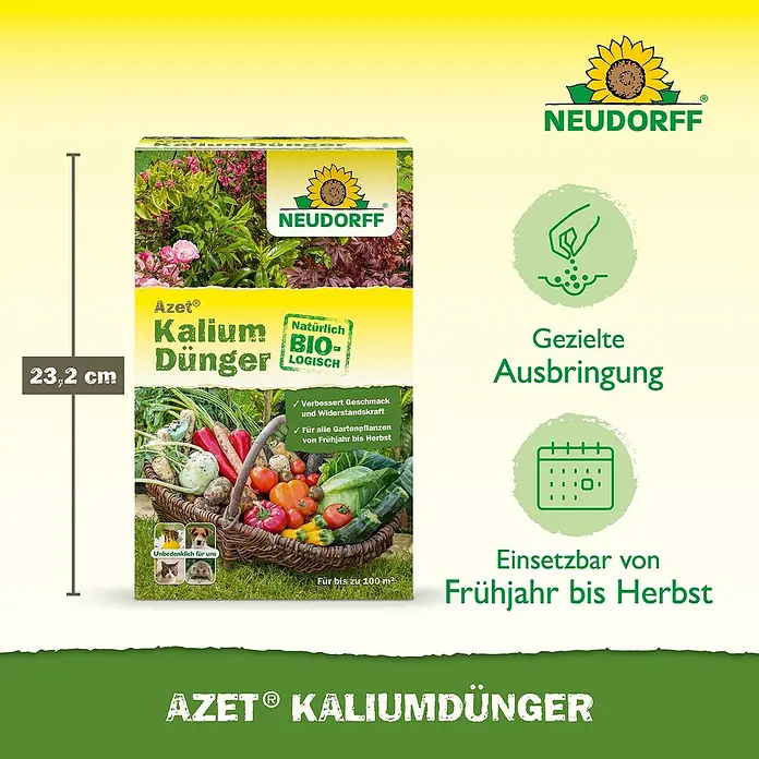 Neudorff Azet Kaliumdünger - 2 kg - Neudorff Azet Kaliumdünger Packung, 23,2 cm hoch, mit Pflanzen- & Gemüseabbildungen, Hinweisen zur Anwendung und saisonaler Nutzung.