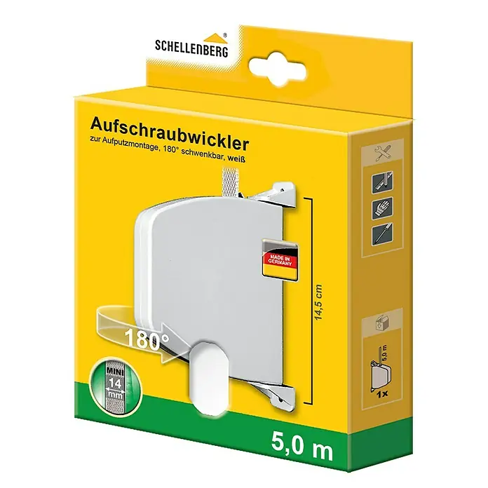 Schellenberg Aufschraubwickler MiniL x B x H: 120 x 22 x 159 mm, Gurtbreite: 14 mm, Weiß - Produktverpackung des Schellenberg Aufschraubwicklers, einem Rolladenzubehör zur Aufputzmontage, schwenkbar und in Weiß, mit den Maßen 14,5 cm Höhe.