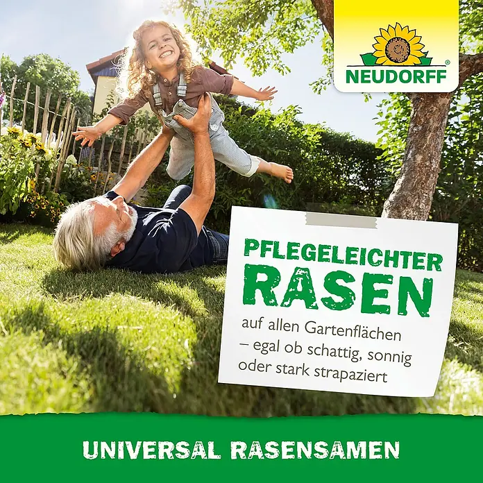 Neudorff Rasensamen Universal - 2 kg, 100 m² - NEUDORFF Universal Rasensamen für pflegeleichten Rasen. Eine Familie genießt den Garten.