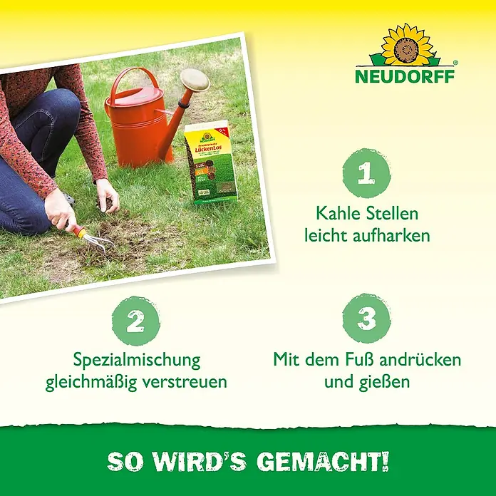 Neudorff Rasen-Reparatur LückenLos - 1,2 kg, 3 m² - Rasensamen-Produkt von Neudorff zur einfachen Anwendung: Zuerst kahle Stellen aufharken, dann die Spezialmischung verstreuen und mit dem Fuß andrücken.