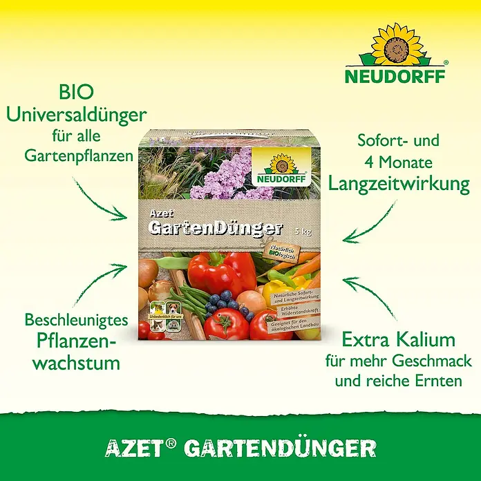 Neudorff Azet Universaldünger - 5 kg - Neudorff Azet Gartendünger 5 kg Beutel mit Abbildungen von frischem Gemüse und Blumen. Bio und mit Langzeitwirkung.