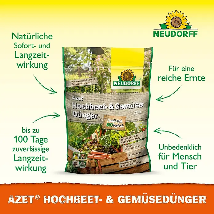Neudorff Azet Bio-Hochbeetpflanzendünger - 1,75 kg - Abbildung des AZET® Hochbeet- & Gemüsedüngers von Neudorff, einem organischen Dünger für Gemüse und Hochbeete.