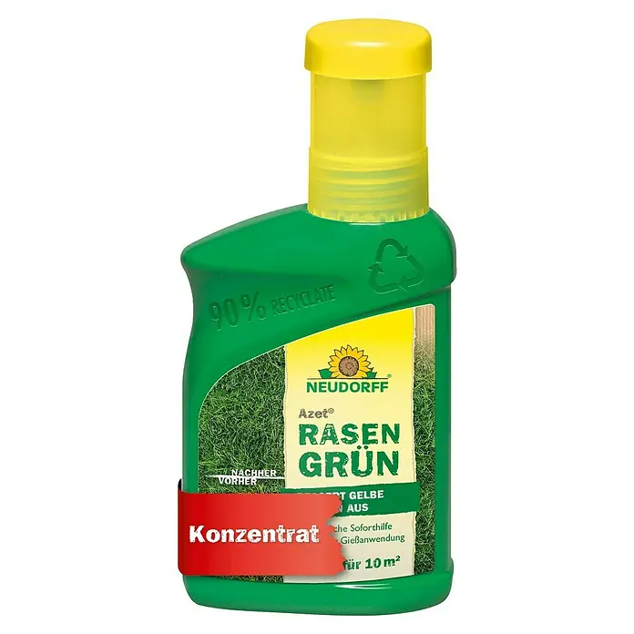 Neudorff Azet Rasendünger - 318 g, 250 ml, Max. Anwendungsfläche: 10 m² - Grüne Neudorff Rasen-Konzentratflasche mit gelbem Deckel, "90% Recyclate" Aufschrift.