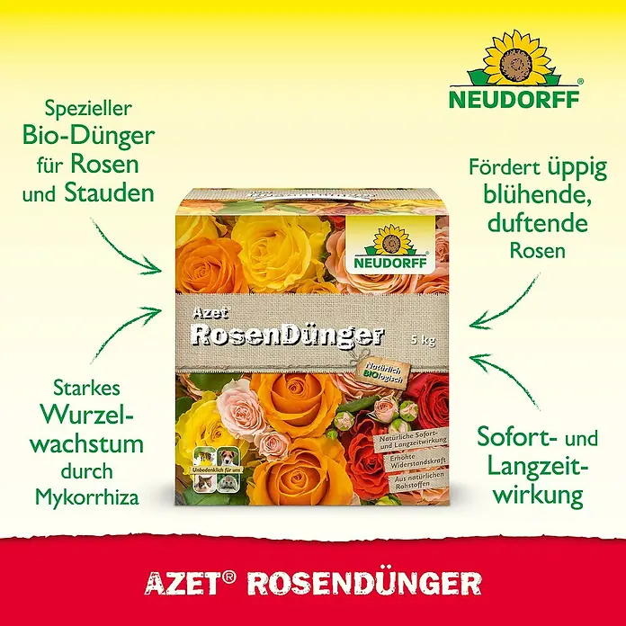 Neudorff Azet Rosendünger - 5 kg - Azet Rosendünger in einer Box, verziert mit Rosenbildern. Fördert üppige, duftende Rosen und starkes Wurzelwachstum.
