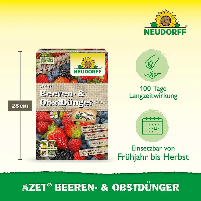 Neudorff Azet Beerendünger - 2,5 kg - Abbildung der Verpackung von Neudorff Azet Beeren- und ObstDünger, einem organischen Dünger für Beeren und Obst.