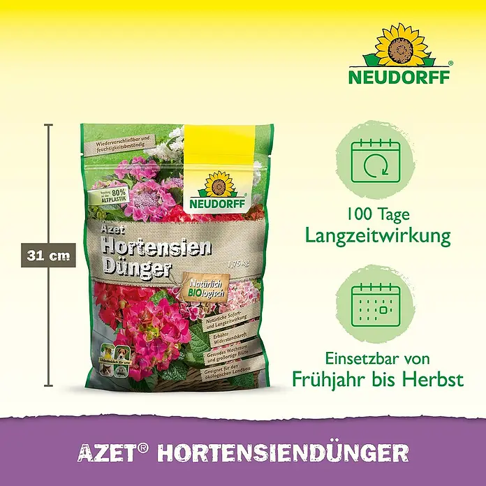 Neudorff Azet Hortensiendünger - 1,75 kg - Produktbild des Neudorff Azet Hortensiendüngers, der für üppige Blüten sorgt und von Frühjahr bis Herbst eingesetzt werden kann.