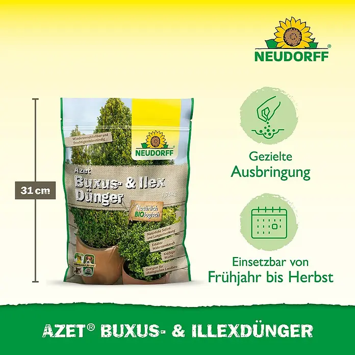 Neudorff Azet Buxusdünger - 1,75 kg - Produktbild von Neudorff Azet Buxus- & Ilex-Dünger, einem organischen Dünger für Buchsbaum und Stechpalme.