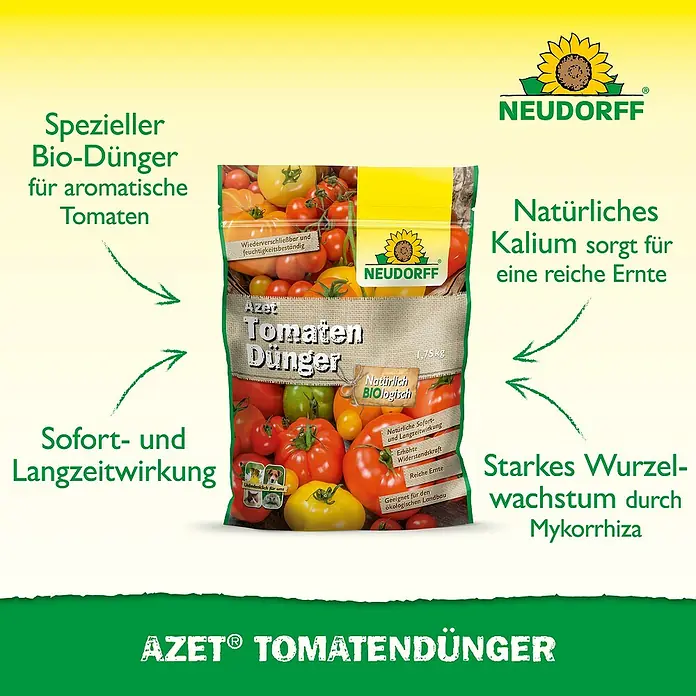 Neudorff Azet Tomatendünger - 1,75 kg - Bild von Neudorff Azet Tomatendünger, einem organischen Spezialdünger für aromatische Tomaten, der für reiche Ernten sorgt.