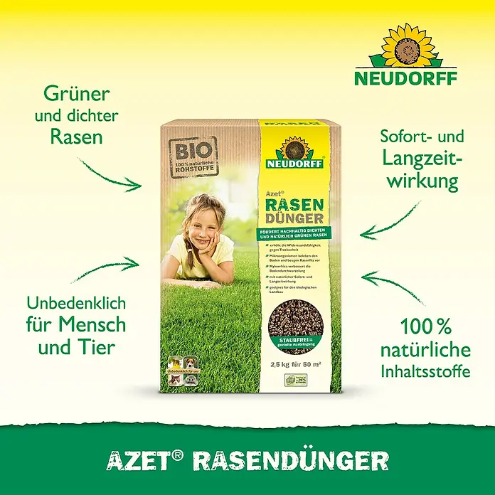 Neudorff Azet Rasendünger - 2,5 kg, Max. Anwendungsfläche: 50 m² - Produktfoto: Neudorff Azet Rasendünger für einen grünen, dichten Rasen, unbedenklich für Mensch und Tier, 100 % natürliche Inhaltsstoffe.