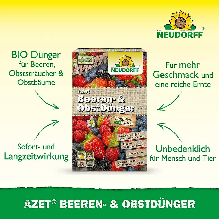 Neudorff Azet Beerendünger - 1 kg - Bild von Neudorff Azet Beeren- und Obstdünger, einem organischen Dünger für Beeren und Obstbäume, der für Mensch und Tier unbedenklich ist.