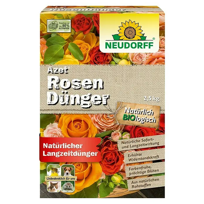 Neudorff Azet Rosendünger - 2,5 kg - Eine Packung Azet Rosen Dünger, ein Langzeitdünger für Rosen, mit dem Neudorff-Logo und Hinweisen zu Inhaltsstoffen und Vorteilen.