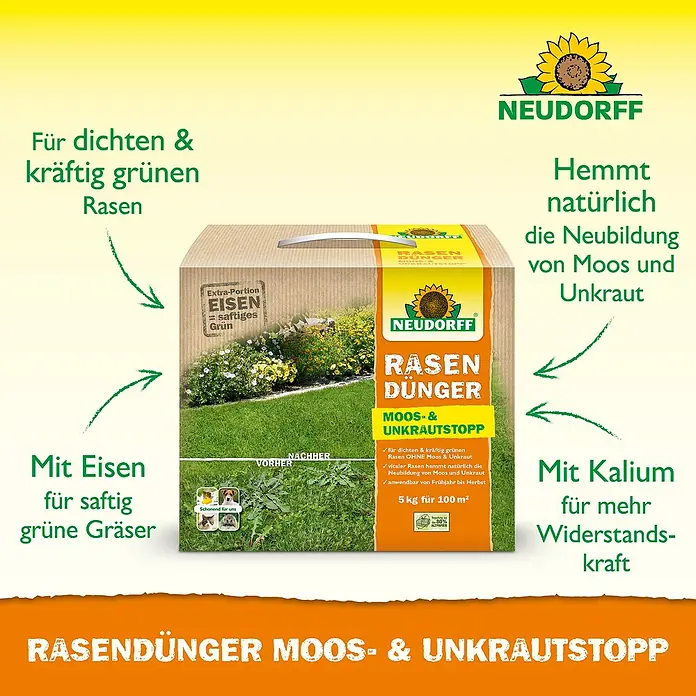 Neudorff Rasendünger Moos- & Unkrautstopp - 5 kg - Produktbild von Neudorff Rasendünger Moos- & Unkrautstopp, einem Rasendünger zur Bekämpfung von Moos und Unkraut für einen dichten, grünen Rasen.