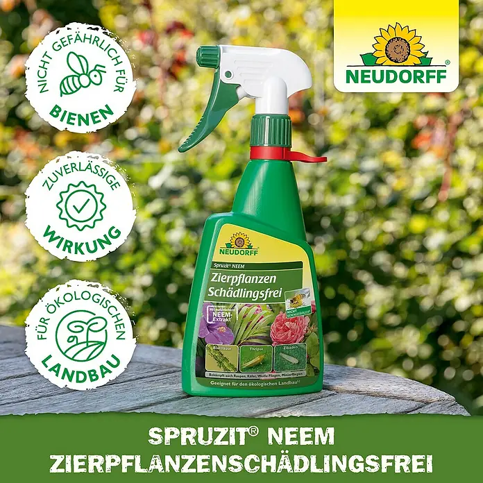 Neudorff Spruzit Schädlingsfrei Zierpflanzen Neem - 450 ml - Grüne Sprühflasche Neudorff Spruzit Neem Schädlingsfrei für Zierpflanzen, auf Holztisch.