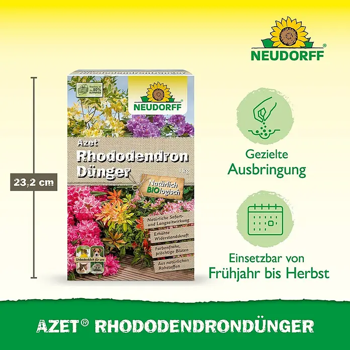 Neudorff Azet Rhododendrondünger - 1 kg - Bild eines Pakets AZET Rhododendron Dünger, einem biologischen Dünger für Rhododendren, mit Infos zu Anwendung und Eigenschaften.