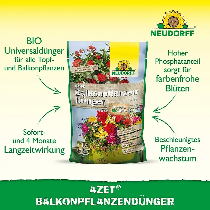 Neudorff Azet Balkonpflanzendünger - 750 g - Abbildung einer Packung Azet Balkonpflanzendünger, ein Bio-Universaldünger für Topf- und Balkonpflanzen, der ein beschleunigtes Pflanzenwachstum verspricht.
