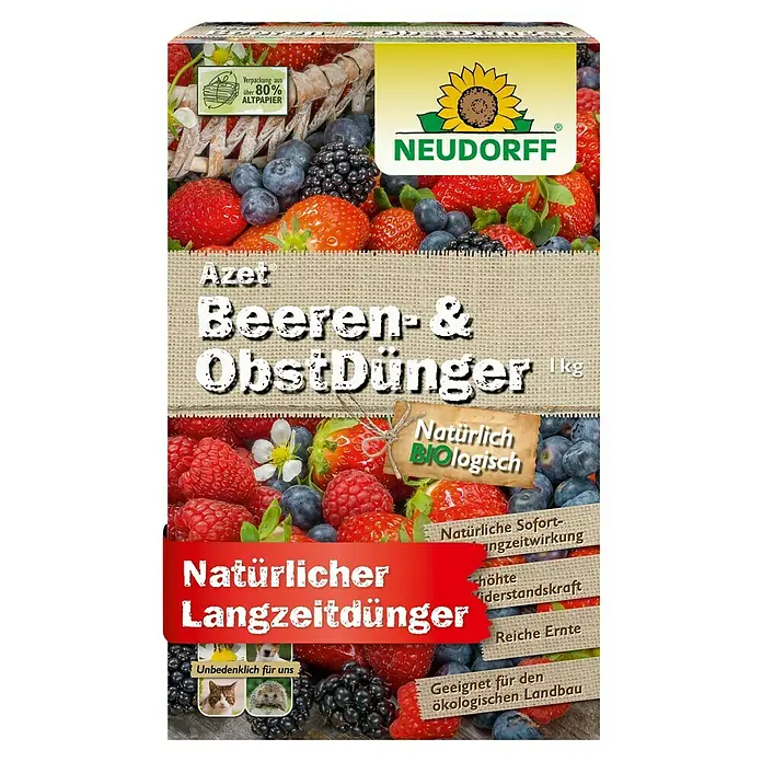 Neudorff Azet Beerendünger - 1 kg - Abbildung des Azet Beeren- & Obst Dünger Produkts von Neudorff, einem Langzeitdünger für den ökologischen Landbau.