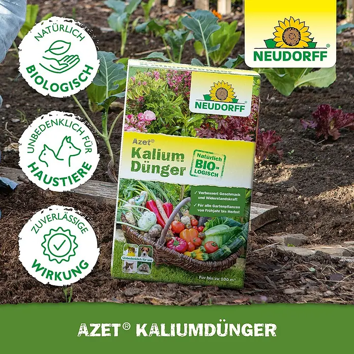 Neudorff Azet Kaliumdünger - 2 kg - Neudorff Azet Kaliumdünger Packung im Garten. Der Bio-Kaliumdünger verbessert Geschmack und Widerstandskraft, unbedenklich für Haustiere.