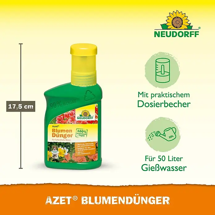 Neudorff Azet Blühpflanzendünger - 325 g, 250 ml - Grüne Azet Neudorff Blumendüngerflasche (17,5 cm) mit gelbem Verschluss, 90% recycelt, bio, vegan, inkl. Dosierbecher, ergibt 50L Gießwasser.