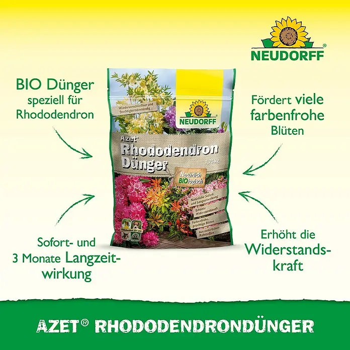 Neudorff Azet Rhododendrondünger - 1,75 kg - Produktabbildung von Neudorff Azet Rhododendron Dünger, einem organischen Spezialdünger für Rhododendren, der für üppige Blüten sorgt.