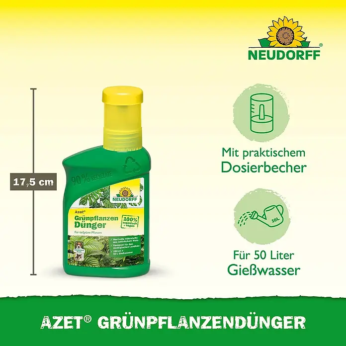 Neudorff Azet Grünpflanzendünger - 325 kg, 250 ml - Grüne Azet® Grünpflanzendünger-Flasche mit gelbem Dosierbecher, 17,5 cm hoch, 90% Recyclat, 100% organisch+vegan, für 50L Gießwasser.