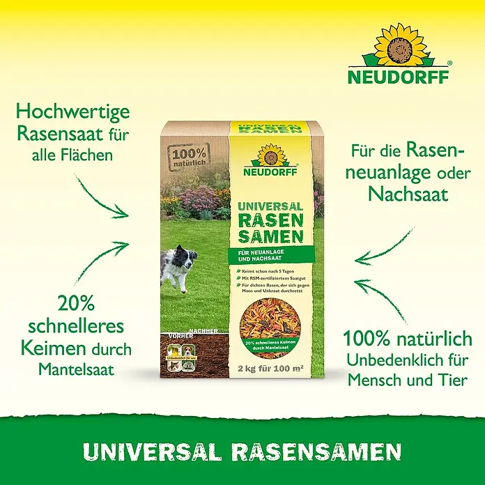 Neudorff Rasensamen Universal - 2 kg, 100 m² - Neudorff Universal Rasensamen in einer grün-braunen Verpackung mit Sonnenblumen-Logo. Ideal für Neuanlage oder Nachsaat, mit mehrfarbigen Mantelsamen für schnelles Keimen.
