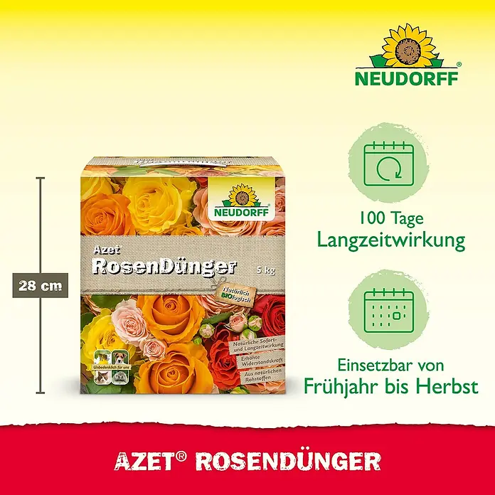 Neudorff Azet Rosendünger - 5 kg - NEUDORFF AZET® Rosendünger in einer 5 kg Packung, 28 cm hoch, mit farbigen Rosenbildern. Ein organischer Langzeitdünger für gesunde Rosen.