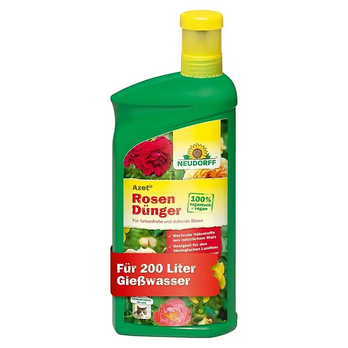 Neudorff Azet Rosendünger - 1 l - Abbildung einer Flasche Azet Rosen Dünger von Neudorff, ein veganer organischer Rosendünger für farbenfrohe Blüten, geeignet für 200 Liter Gießwasser.