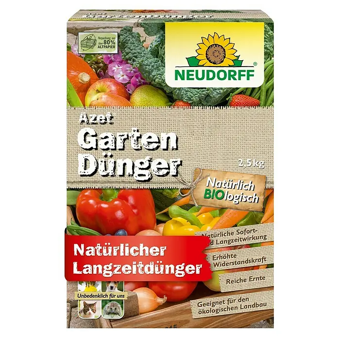 Neudorff Azet Universaldünger - 2,5 kg - Produktabbildung von Neudorff Azet Gartendünger, einem natürlichen Langzeitdünger für den ökologischen Landbau, verpackt in Altpapier.