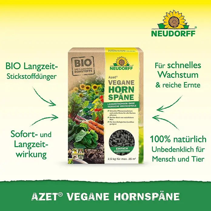 Neudorff Azet Bio-Hornspäne Vegan - 2,5 kg - NEUDORFF Azet® Vegane Hornspäne Düngerpackung, zeigt gesunde Pflanzen und dunkelgraue Pellets.