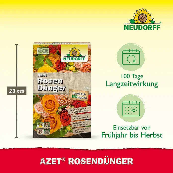 Neudorff Azet Rosendünger - 1 kg - Produktbild des Neudorff Azet Rosendünger, einem organischen Langzeitdünger für Rosen, mit Infos zu Eigenschaften und Anwendung.