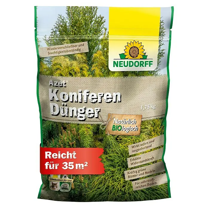 Neudorff Azet Tannen- & Koniferendünger - 1,75 kg - Azet Koniferen Dünger Beutel, 1,75 kg, mit Sackleinen-Textur, gelber Oberseite und grünen Akzenten. Biologisch und wiederverschließbar, für 35m².