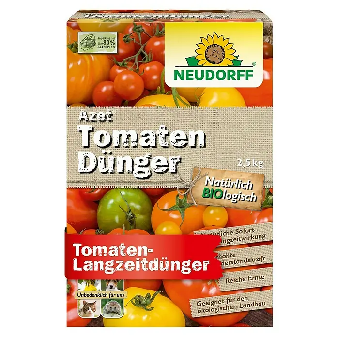 Neudorff Azet Tomatendünger - 2,5 kg - Bild eines "Neudorff Azet Tomaten-Dünger" Produkts, einem Langzeitdünger für Tomaten, natürlich & biologisch, mit 2,5 kg Inhalt.