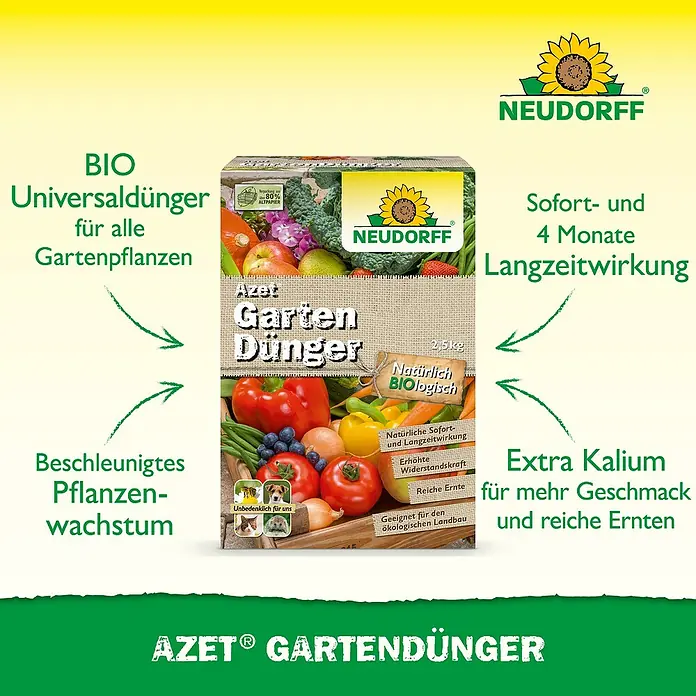 Neudorff Azet Universaldünger - 2,5 kg - Bild eines Azet Gartendünger-Produkts von Neudorff, einem organischen Universaldünger für alle Gartenpflanzen, der beschleunigtes Wachstum fördert.