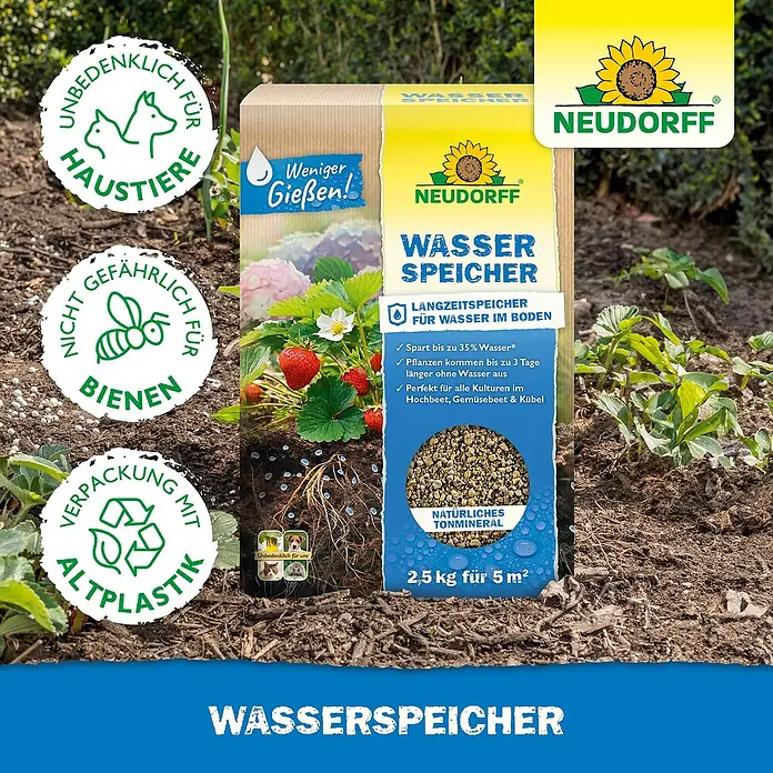 Neudorff Wasserspeicher - 2,5 kg - Neudorff Wasserspeicher-Verpackung, 2,5 kg. Granulat für besseren Wasserhaushalt im Boden, mit Pflanzen in einer Gartenumgebung.