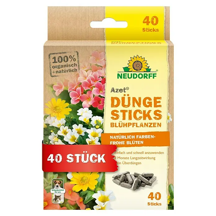 Neudorff Azet Blühpflanzen-Düngestäbchen - 40 Stk. - Eine Packung Neudorff Azet Düngestäbchen für Blühpflanzen mit 40 Stück, 100% organisch und natürlich.