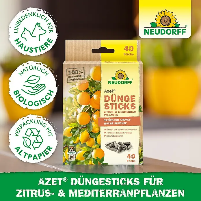 Neudorff Azet Grünpflanzen-Düngestäbchen Zitrus- und Mediterranpflanzen - 40 Stk. - Neudorff Azet Bio-Düngesticks für Zitruspflanzen, 40 Stück, haustierfreundlich und 3 Monate Langzeitwirkung.