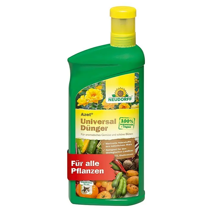 Neudorff Azet Universaldünger - 1,3 g, 1 l - Grüne Düngerflasche mit gelbem Verschluss und Etikett, das universellen organischen veganen Dünger für alle Pflanzen bewirbt.