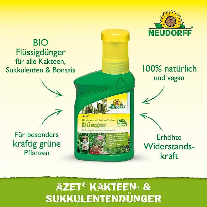 Neudorff Azet Kakteendünger - 250 ml - Grüne Neudorff Azet Flüssigdüngerflasche mit gelbem Deckel für Kakteen, Sukkulenten und Bonsais. Aus 90% Recyclingmaterial, 100% bio & vegan.