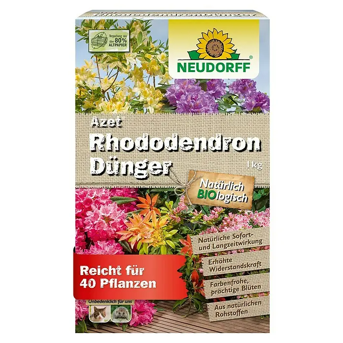 Neudorff Azet Rhododendrondünger - 1 kg - Rhododendron Dünger von Neudorff in einer Verpackung mit bunten Blumen und Produktinformationen.