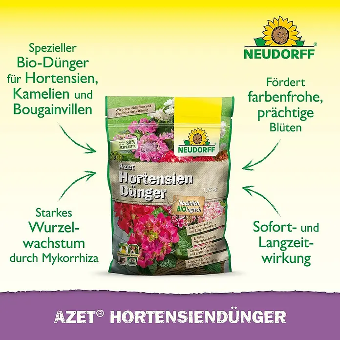 Neudorff Azet Hortensiendünger - 1,75 kg - Produktbild von Neudorff Azet Hortensiendünger. Spezieller Bio-Dünger für farbenfrohe und prächtige Hortensien-, Kamelien- und Bougainvillenblüten.