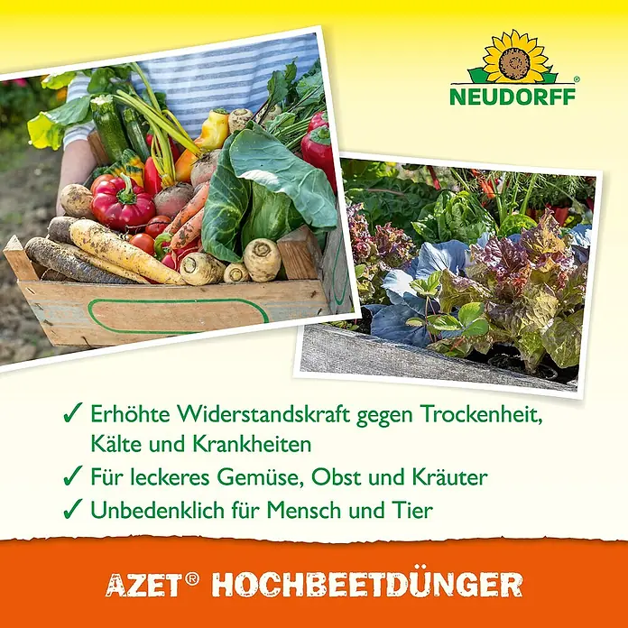 Neudorff Azet Hochbeetdünger - 1 l - Werbeanzeige für NEUDORFF AZET® Hochbeetdünger, der die Widerstandskraft von Pflanzen erhöht und für leckeres Gemüse sorgt.