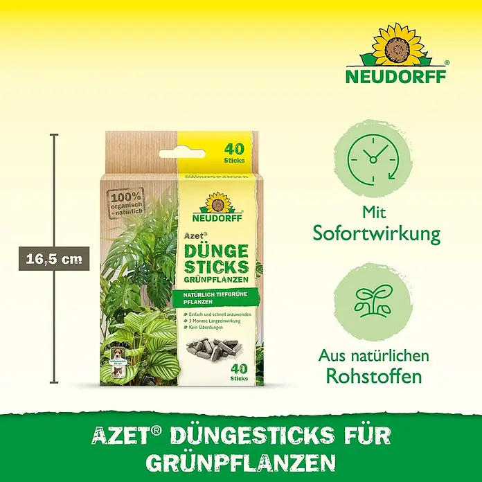 Neudorff Azet Grünpflanzen-Düngestäbchen - 40 Stk. - Neudorff Azet Düngestäbchen für Grünpflanzen, 100% organisch und natürlich, für tiefgrüne Pflanzen und mit Sofortwirkung aus natürlichen Rohstoffen.