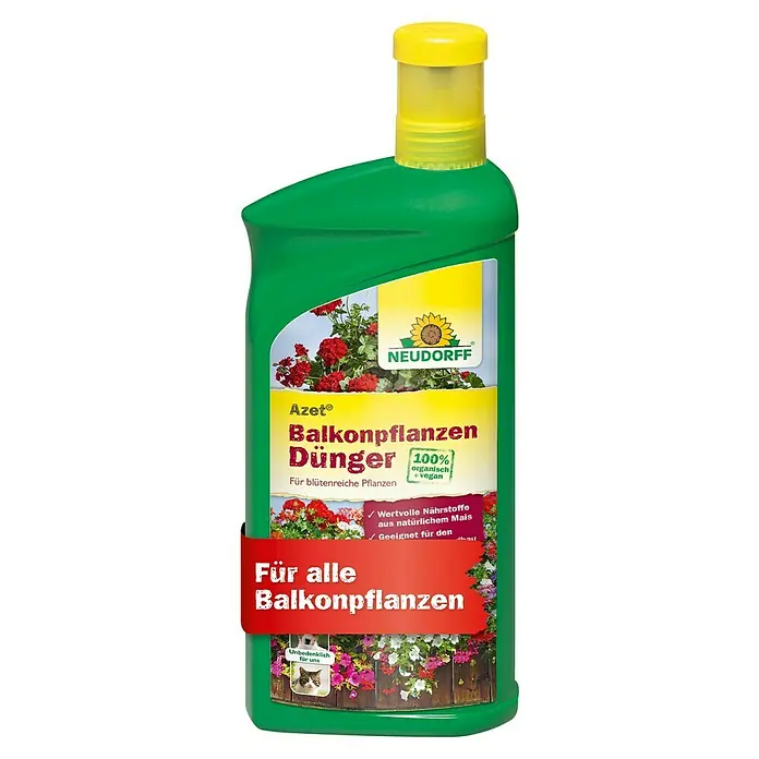 Neudorff Azet Flüssigdünger Balkonpflanzen - Geeignet für: Balkonpflanzen - Grüne Flasche mit gelbem Verschluss von Neudorff Azet Balkonpflanzendünger.