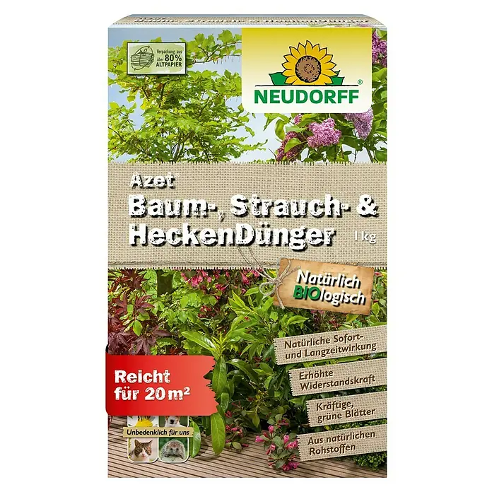 Neudorff Azet Strauch- & Heckendünger - 1 kg - Abbildung einer Packung Neudorff Azet Baum-, Strauch- & Heckendünger, ein ökologischer Dünger für Bäume, Sträucher und Hecken.