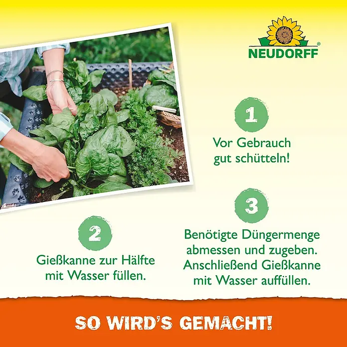 Neudorff Azet Hochbeetdünger - 1 l - Anleitung zur Anwendung von Neudorff Dünger: Vor Gebrauch schütteln, Gießkanne halb mit Wasser füllen, Dünger abmessen und zugeben.