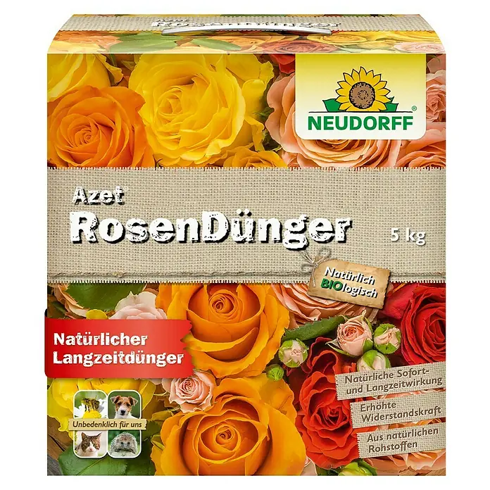 Neudorff Azet Rosendünger - 5 kg - Neudorff Azet Rosendünger 5 kg Beutel mit Rosenmotiv, der seine natürliche, biologische und langzeitwirkende Formel hervorhebt.