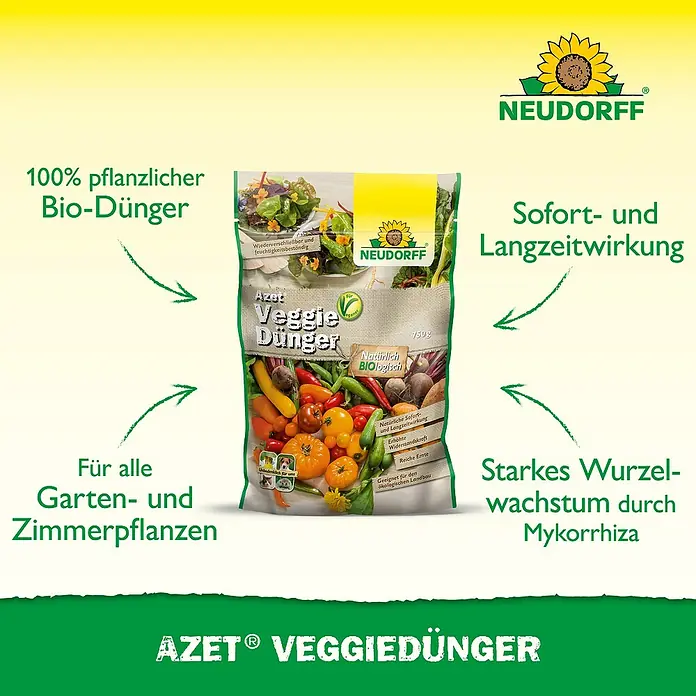 Neudorff Azet Bio-Gartendünger Azet Veggie - 750 g - Abbildung einer Packung AZET Veggie-Dünger, ein organischer Dünger für Gemüse, mit Text zu Vorteilen wie Bio und Wurzelwachstum.