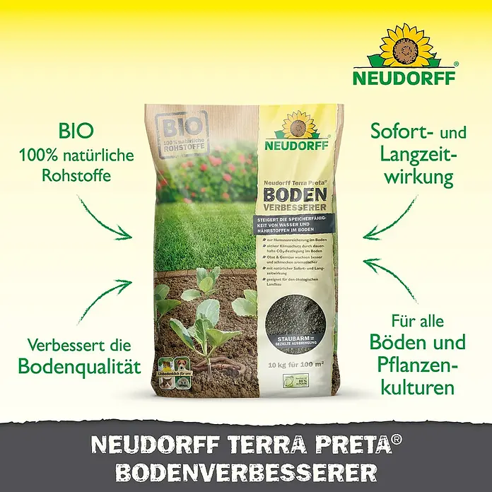 Neudorff Terra Preta Bodenverbesserer - 10 kg - Abbildung einer Packung Neudorff Terra Preta® Bodenverbesserer, einem Produkt zur Verbesserung der Bodenqualität und Nährstoffversorgung.